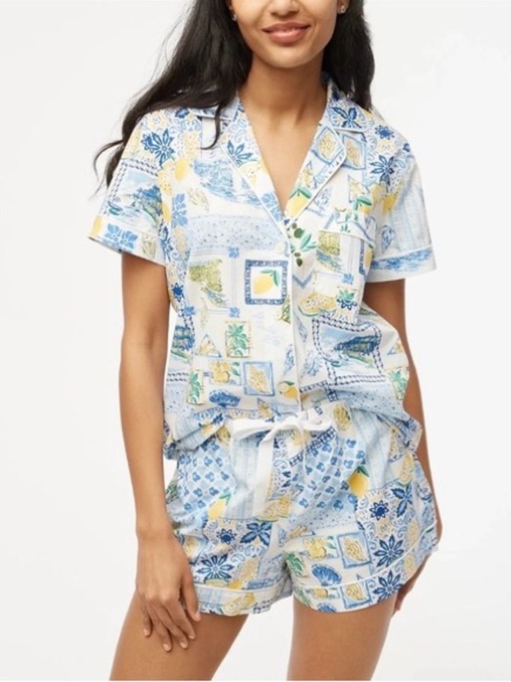 J.Crew Mediterranean Tile Lemon Pajama Short Set Cotton Short Sleeve Sleepwear